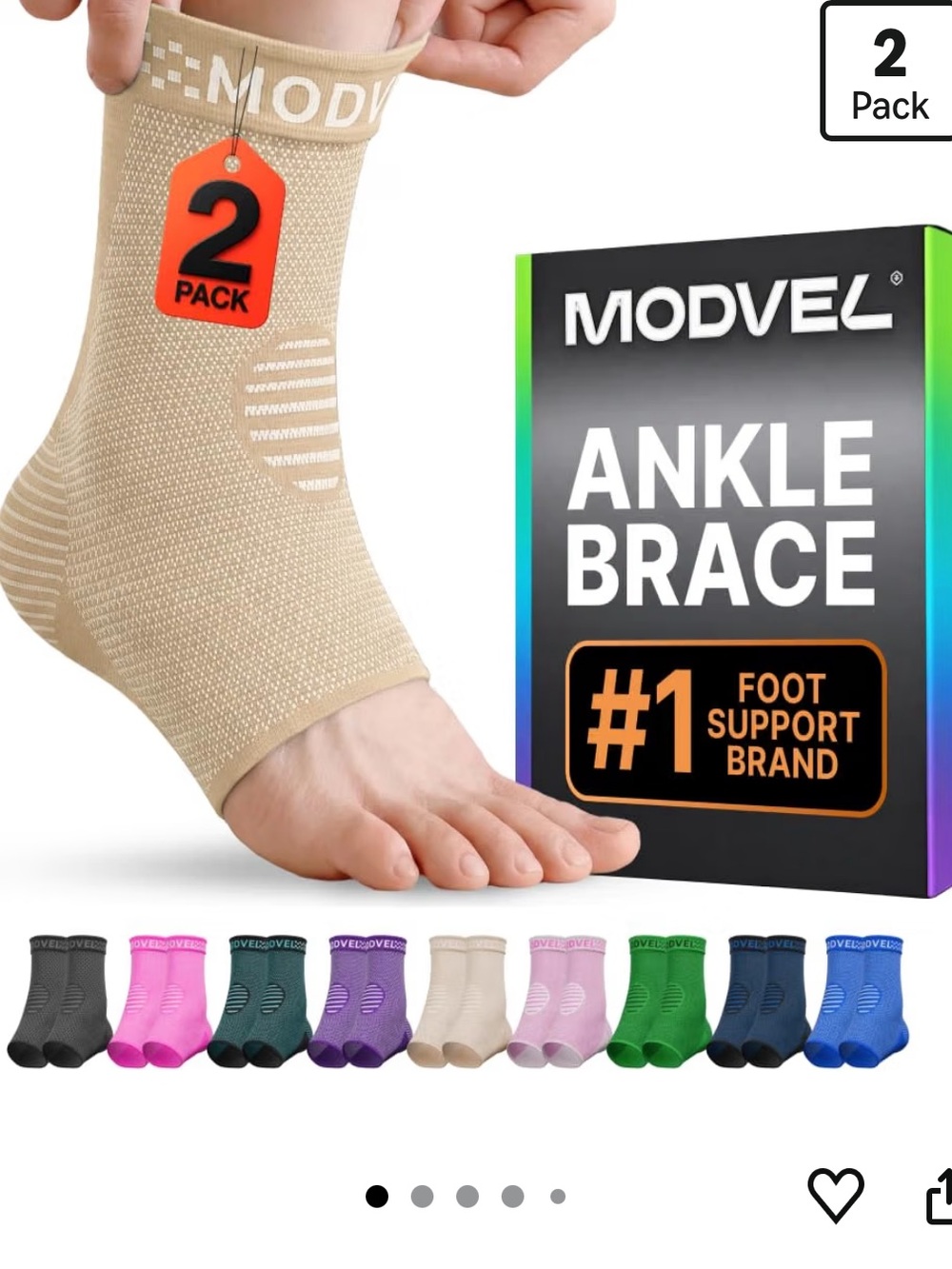 Modvel Beige Ankle Brace Compression Sleeve - 2 Pack MED LG